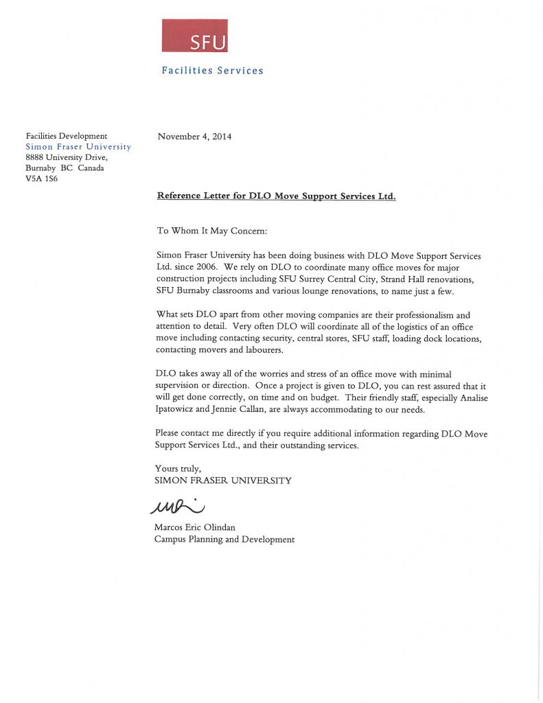 DLO office moving experts - sfu burnaby reference letter