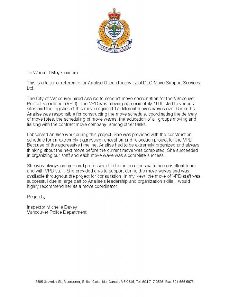 DLO office moving experts - vpd reference letter