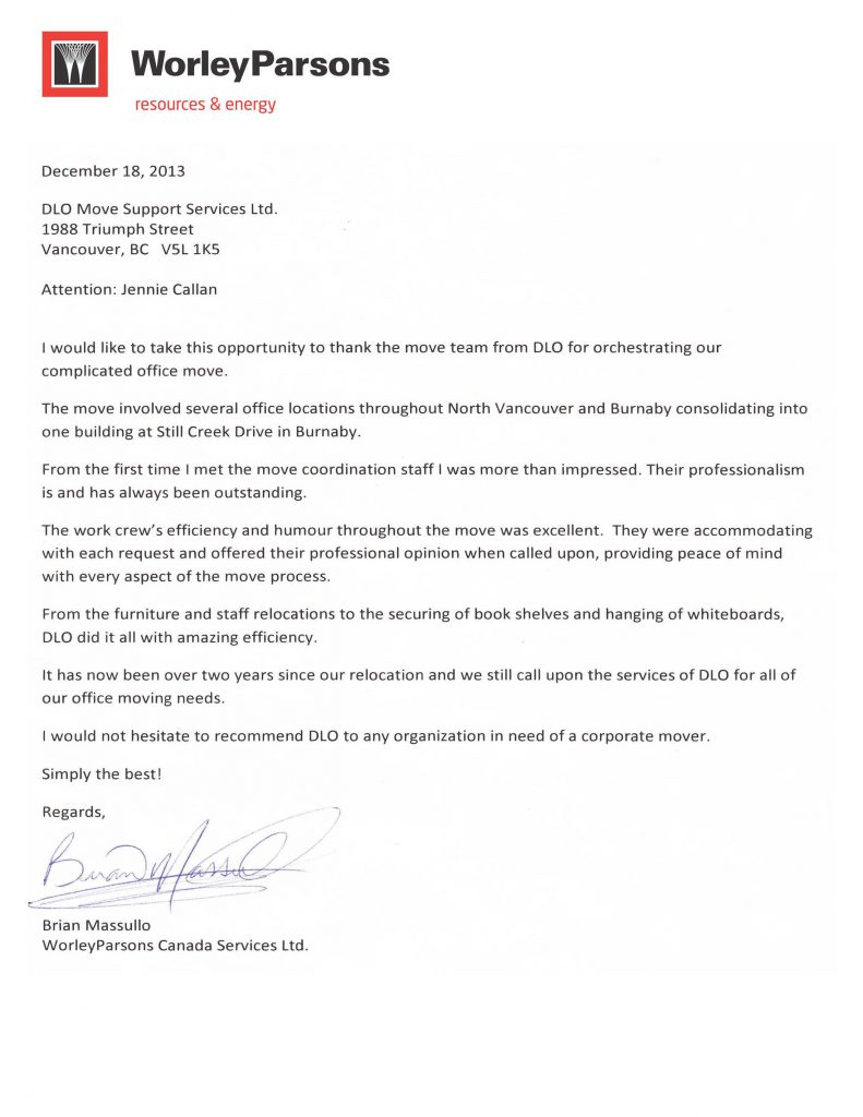 DLO office moving experts - Testimonial worley parsons canada dec 2013