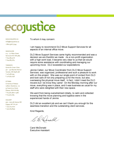 DLO office moving experts - eco justice testimonial